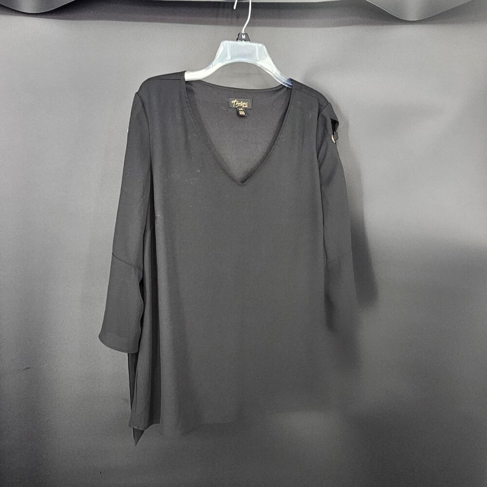 Women Shirt Large Black V-Neck Lace Up Bow Sleeve Bell Cuff Tunic Top Whimsigoth